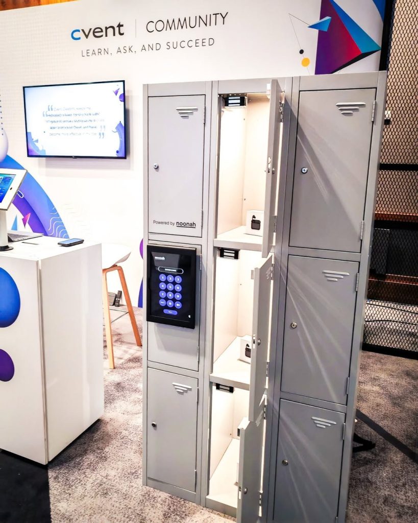 Prize Locker at the CVENT Conference with all doors open and glowing lights, showing the view from a winner’s perspective.