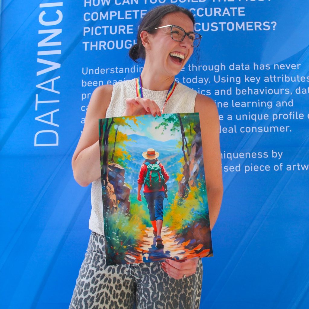 Woman Holding an AI generated poster while looking excited about it.