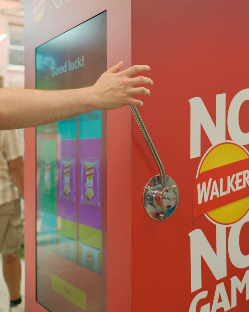 close up of smart vending one armed bandit lever